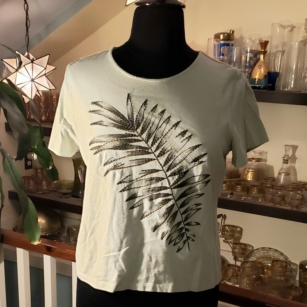 Ruby Rd. Womens Palm Fron Embelleshed Green Knit Tee